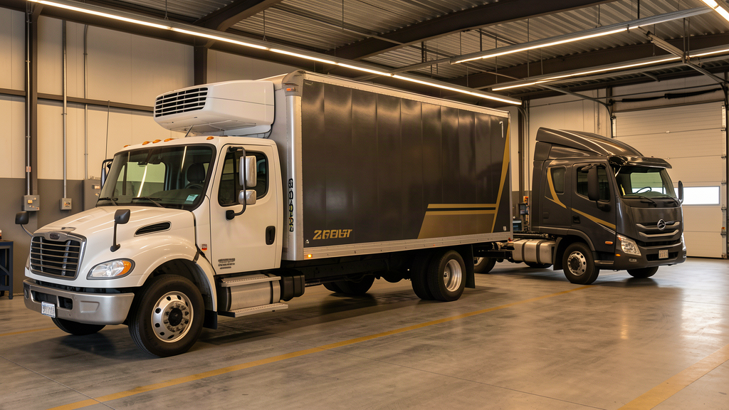 Refrigerated box truck and cab-chassis truck in a Gold Horse service bay